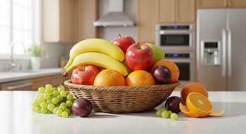 Un frutero de mimbre con plátanos, manzanas rojas, naranjas y ciruelas en una encimera blanca, con uvas verdes y una naranja cortada al lado.