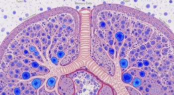 Micrografía de un corte transversal de tejido pulmonar con numerosas células en tonos violetas y azules. Algunas células grandes son de color azul brillante.