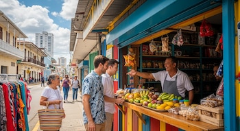 Un vendedor en un puesto de frutas sonríe y señala a dos clientes. Una mujer camina con un bolso. Hay edificios y otros peatones en la calle.