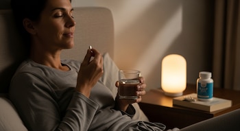 Mujer acostada en cama sostiene una pastilla blanca y un vaso de agua. En la mesa de noche, una lámpara, un libro y un frasco de suplemento para dormir.