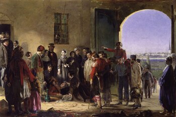 Pintura que muestra a Florence Nightingale en el centro, vestida de gris, rodeada de soldados y figuras militares y civiles en un interior con arco a paisaje urbano