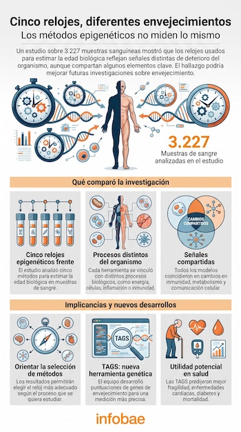 Infografía con cuerpo humano, cronómetros, ADN, tubos de ensayo, células, órganos, lupa, gráfico de barras, persona mayor. Incluye texto informativo.