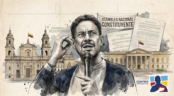 Ilustración de Iván Cepeda con micrófono, Capitolio y Casa de Nariño de fondo. Banner "Asamblea Nacional Constituyente" y texto de la Constitución de 1991.