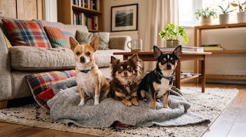 Tres perros chihuahuas sentados sobre una manta gris colocada encima de una alfombra frente a un sofá con cojines.