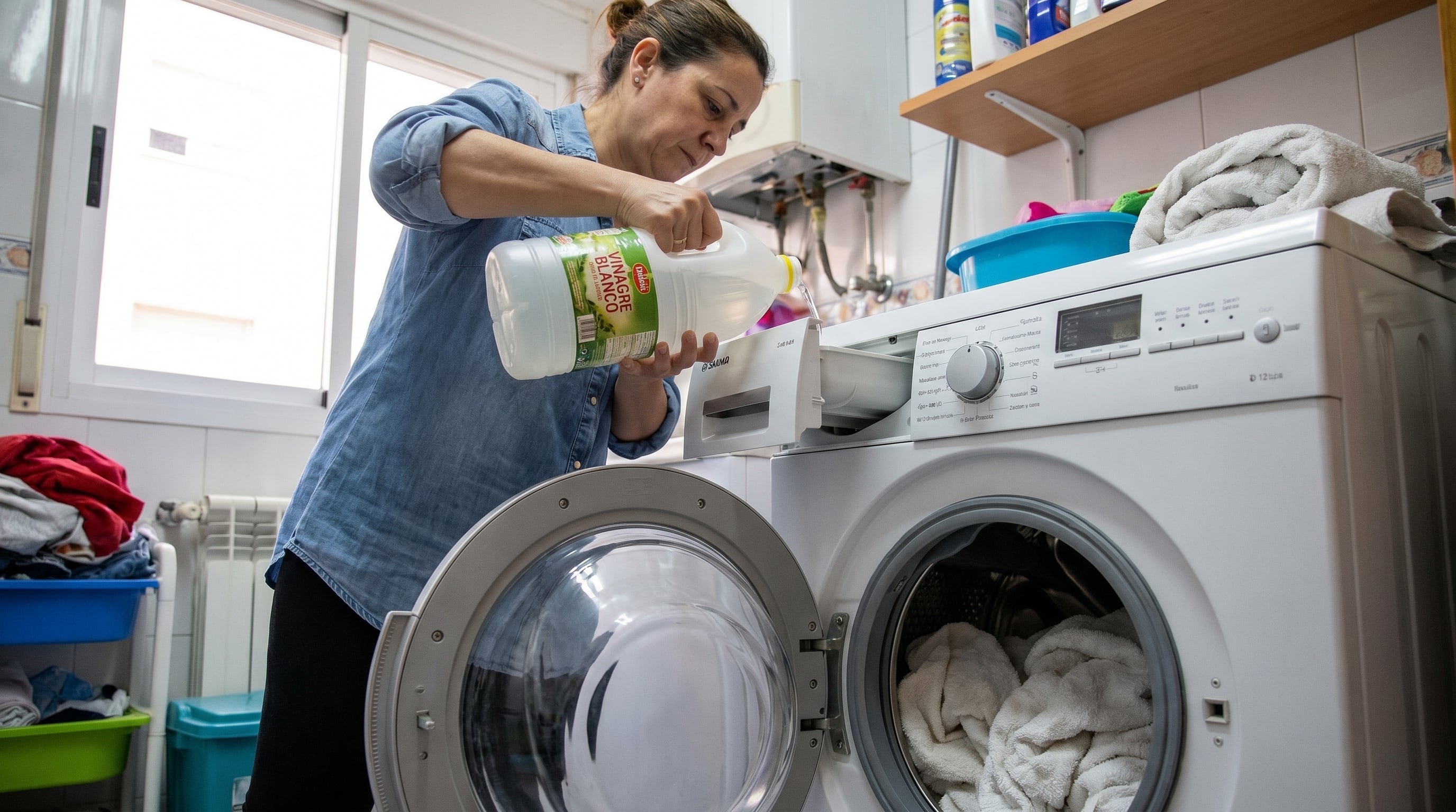 Una mujer vierte vinagre blanco de una botella grande en el compartimento del detergente de una lavadora llena de toallas blancas para un lavado más ecológico y efectivo. (Imagen Ilustrativa Infobae)