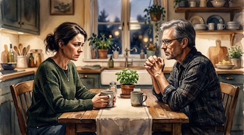 Ilustración en acuarela de una mujer y un hombre sentados a una mesa de madera con dos tazas y una planta en una cocina.