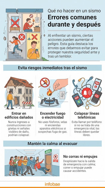 Infografía con título y texto. Muestra edificios agrietados, personas, teléfonos enredados, una mano encendiendo un cerillo y una salida de emergencia.