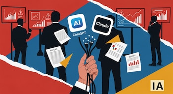 Ilustración de collage digital: mano sostiene cables de donde emergen logos de ChatGPT y Claude; ejecutivos en silueta observan pantallas rojas con gráficos de advertencia.