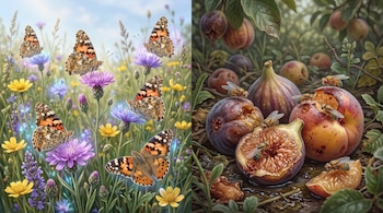 Mariposas anaranjadas sobre flores en la parte izquierda y moscas sobre higos y frutas abiertas sobre la tierra en la derecha.
