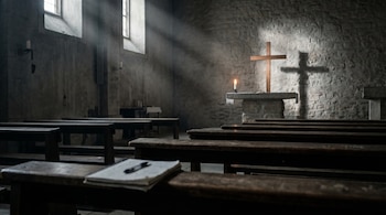 Interior de iglesia sombría con bancos de madera vacíos y un cuaderno en primer plano. Al fondo, un altar con una cruz de madera simple y una vela encendida.