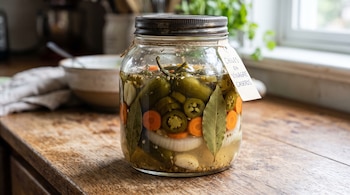 Frasco de vidrio con chiles verdes, zanahorias, cebolla y hojas de laurel en vinagre con una etiqueta sobre una mesa de madera.