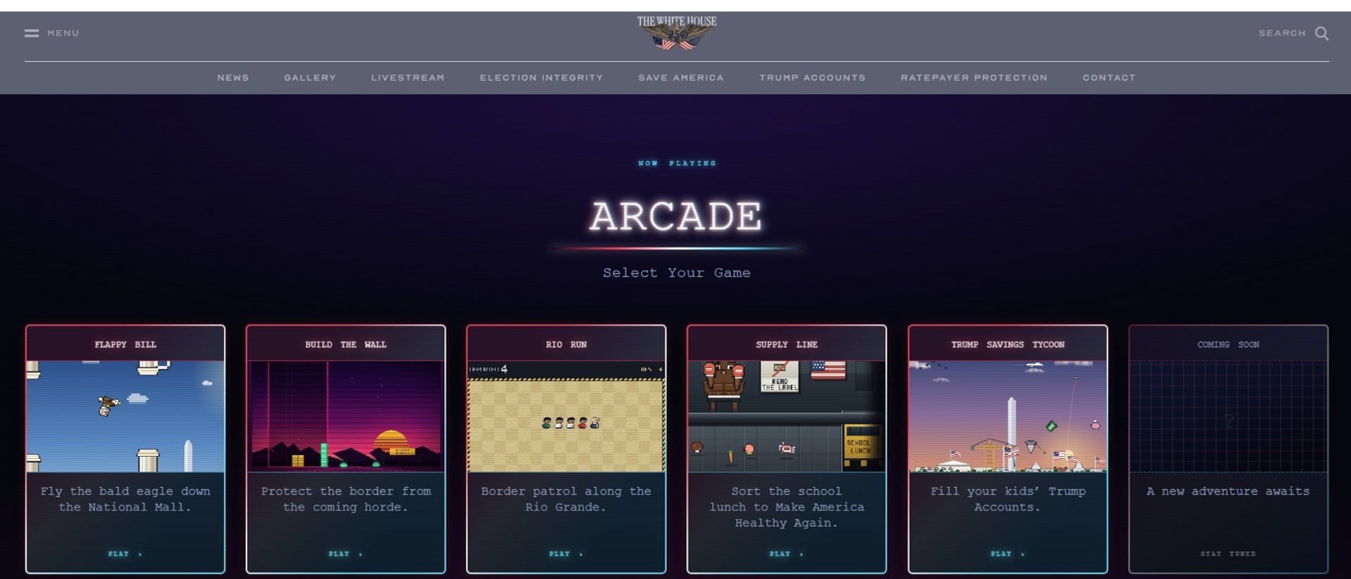 Captura de pantalla de 'Arcade', apartado en la Casa Blanca con juegos basados en la agenda política del presidente de Estados Unidos, Donald Trump
POLITICA NORTEAMÉRICA ESTADOS UNIDOS INTERNACIONAL
CASA BLANCA