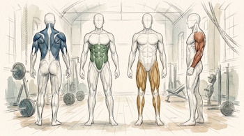 Ilustración estilo sketch que muestra cuatro figuras masculinas con diferentes grupos musculares (espalda, abdomen, piernas, brazos) resaltados, en un gimnasio con pesas.