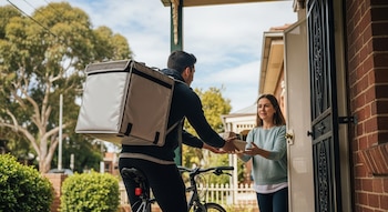 Un hombre en bicicleta con una mochila de reparto entrega dos envases de comida a una mujer de pie frente a la puerta de una casa de ladrillo.