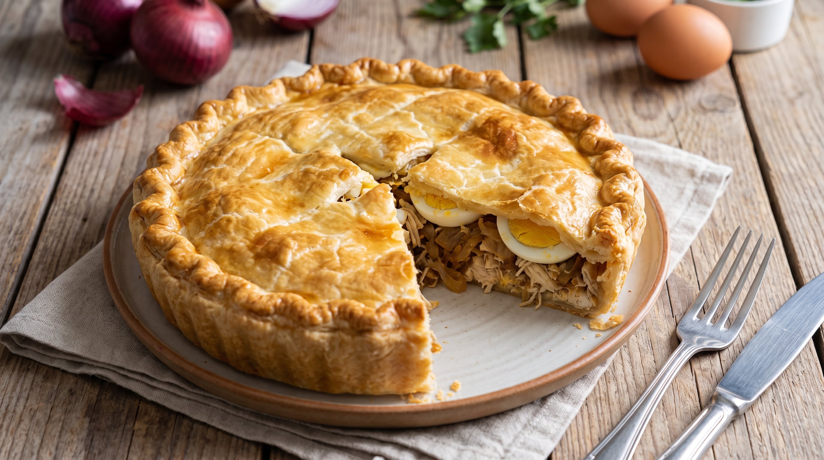 El paso a paso de la tarta de pollo indica precalentar el horno a 180 grados y forrar una tartera mediana con un disco de mas - (Imagen Ilustrativa Infobae)
