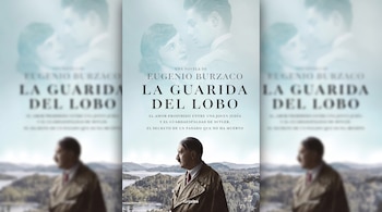 Portada del libro La Guarida del Lobo de Eugenio Burzaco con una pareja, Adolf Hitler de perfil, montañas y un lago. El texto menciona amor prohibido y la editorial Grijalbo.