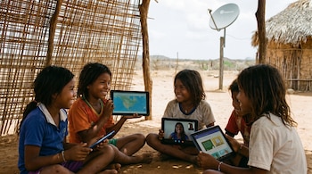 Cinco niños Wayuu sentados bajo un techo de paja usan tabletas y un smartphone. Al fondo, una antena parabólica y un paisaje árido.
