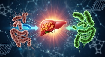 Ilustración 3D de un hígado central, con bacterias intestinales a izquierda (marrón) y derecha (verde) y secciones del intestino. Flechas y ADN de fondo.
