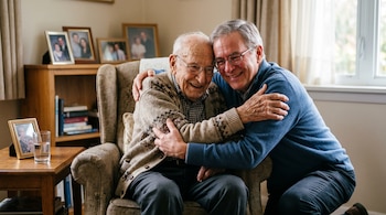 Un anciano con gafas sentado en un sillón abraza a un hombre con jersey azul en un salón con fotos familiares de fondo.