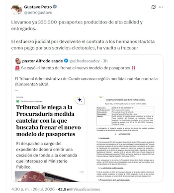 Gustavo Petro celebró el fallo del Tribunal Administrativo de Cundinamarca y aseguró que ya se han producido y entregado 330.000 pasaportes bajo el nuevo modelo - crédito @petrogustavo/X