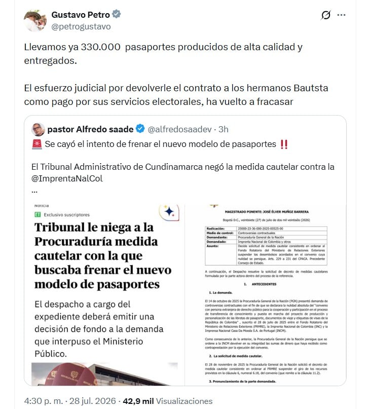 Gustavo Petro celebró el fallo del Tribunal Administrativo de Cundinamarca y aseguró que ya se han producido y entregado 330.000 pasaportes bajo el nuevo modelo - crédito @petrogustavo/X