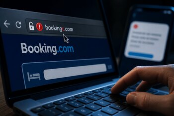 Pantalla de portátil con la dirección bookingc.com y un icono de alerta roja, una mano en el teclado y un teléfono móvil al fondo.