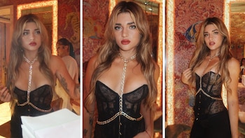 Marta Fort posó en Miami con un look jugado: cadenas y un corset negro con transparencias