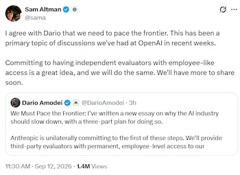Captura de pantalla de una publicación en X de Sam Altman comentando un mensaje de Dario Amodei sobre la regulación de la inteligencia artificial