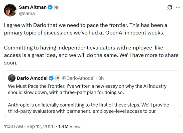 Altman apoyó el planteamiento de Dario Amodei de desacelerar el avance de la inteligencia artificial. (X: sama)