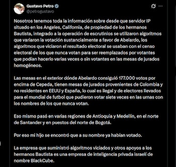 Petro aseguró en X que un servidor IP en Los Ángeles, vinculado a los hermanos Bautista y a Thomas Greg & Sons, alteró los escrutinios con algoritmos - crédito X