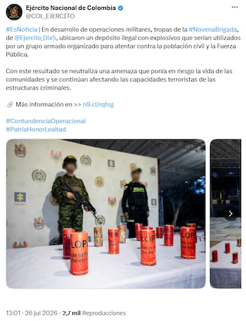 Ejército incautó explosivos destinados a atentados en La Plata, Huila - crédito @COL_EJERCITO/X