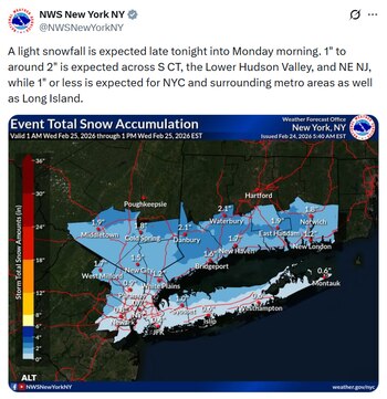Mapa del Servicio Meteorológico Nacional mostrando la acumulación total de nieve pronosticada para el noreste de EE. UU., con una leyenda de color en pulgadas