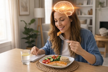 Mujer de pelo largo castaño claro con camisa de mezclilla sonríe mientras come salmón con verduras y quinoa; un cerebro brillante flota sobre su cabeza.