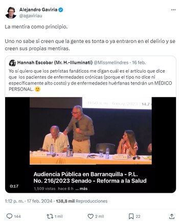 Alejandro Gaviria responde a ministro de Salud sobre la reforma que se tramita en el Senado - crédito @agaviriau/X