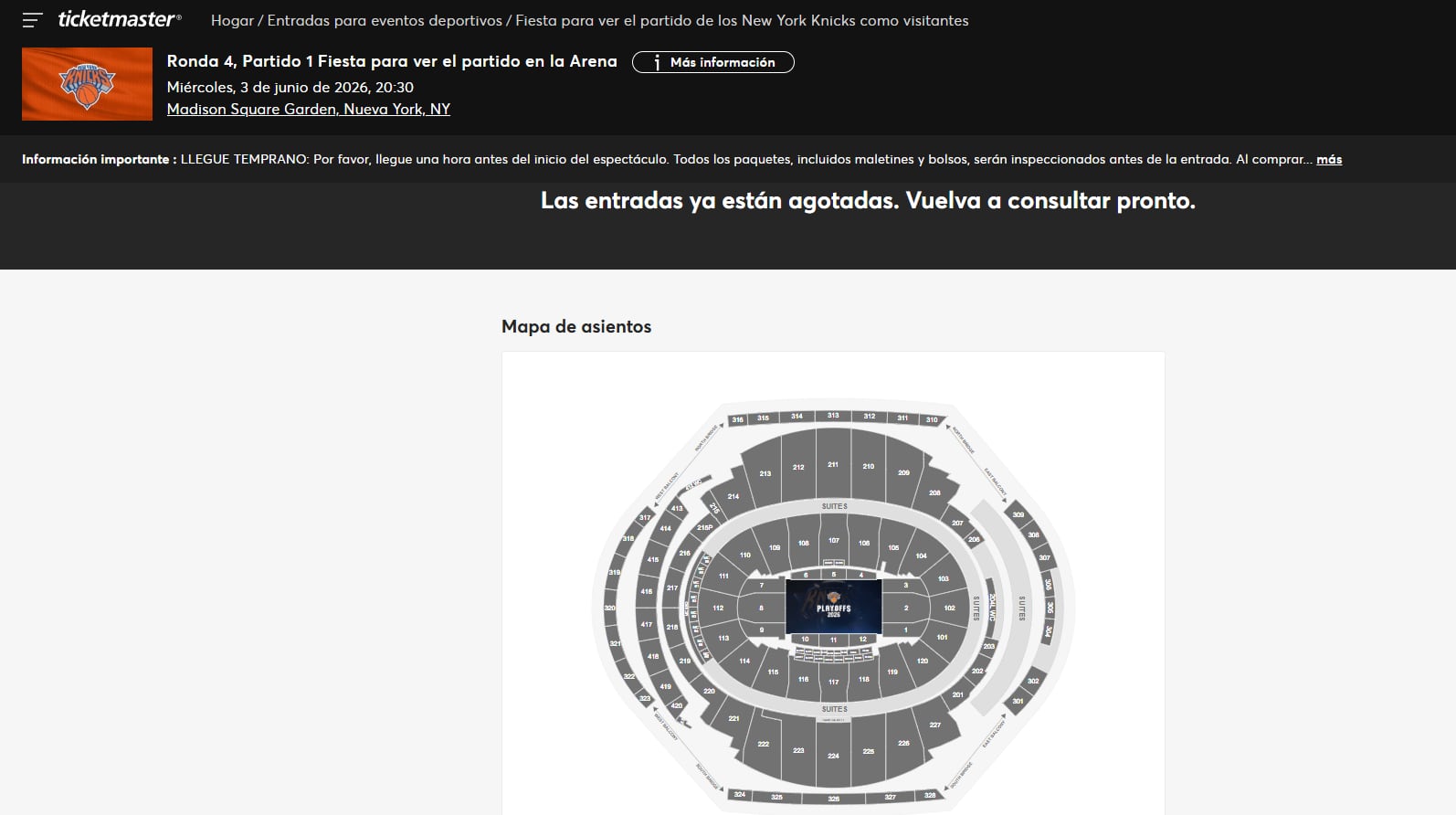 Las entradas para la fiesta oficial de visualización del Juego 1 de las Finales entre Knicks y Spurs en el Madison Square Garden se agotaron en menos de una hora, reflejando la alta demanda (Ticketmaster)