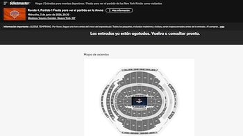Página de Ticketmaster mostrando entradas agotadas para una watch party de los New York Knicks en Madison Square Garden, con un mapa de asientos del estadio