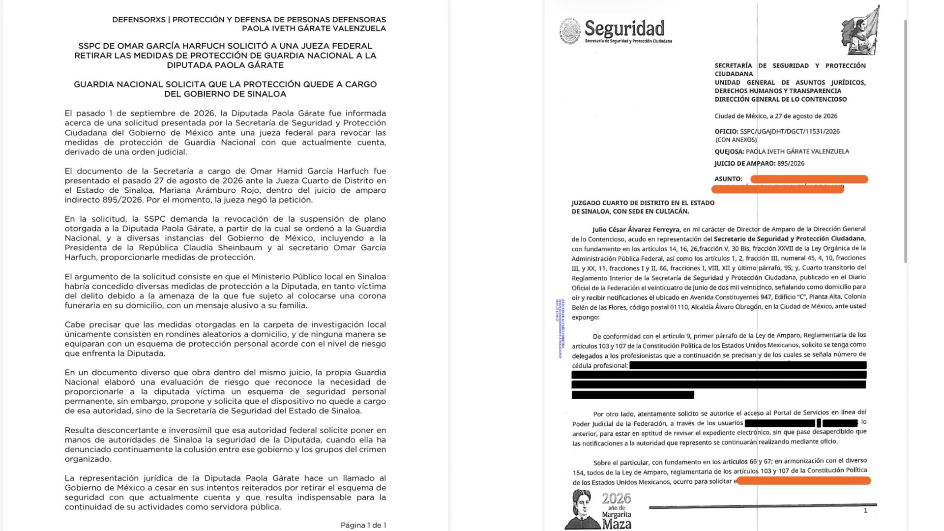 La Secretaría de Seguridad, encabezada por Omar García Harfuch, estaría buscando quitarle las medidas de protección a la diputada federal, Paola Gárate. (Foto: Azucena Uresti)