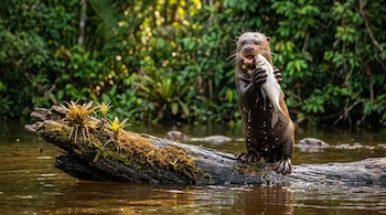 Una nutria erguida sobre un tronco en el agua sostiene un pez cerca de su hocico en medio de la vegetación.