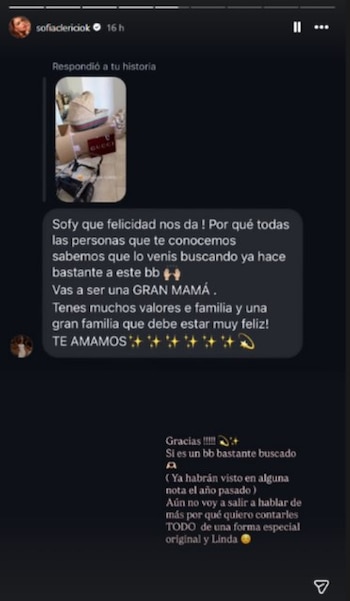 Captura de pantalla de una conversación de chat en español con fondo oscuro, mostrando mensajes y una imagen incrustada de una cuna y una caja Gucci