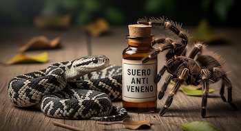 Una culebra de patrón blanco y negro y una araña peluda se ubican a los lados de una botella con etiqueta "Suero Anti Veneno", sobre madera.