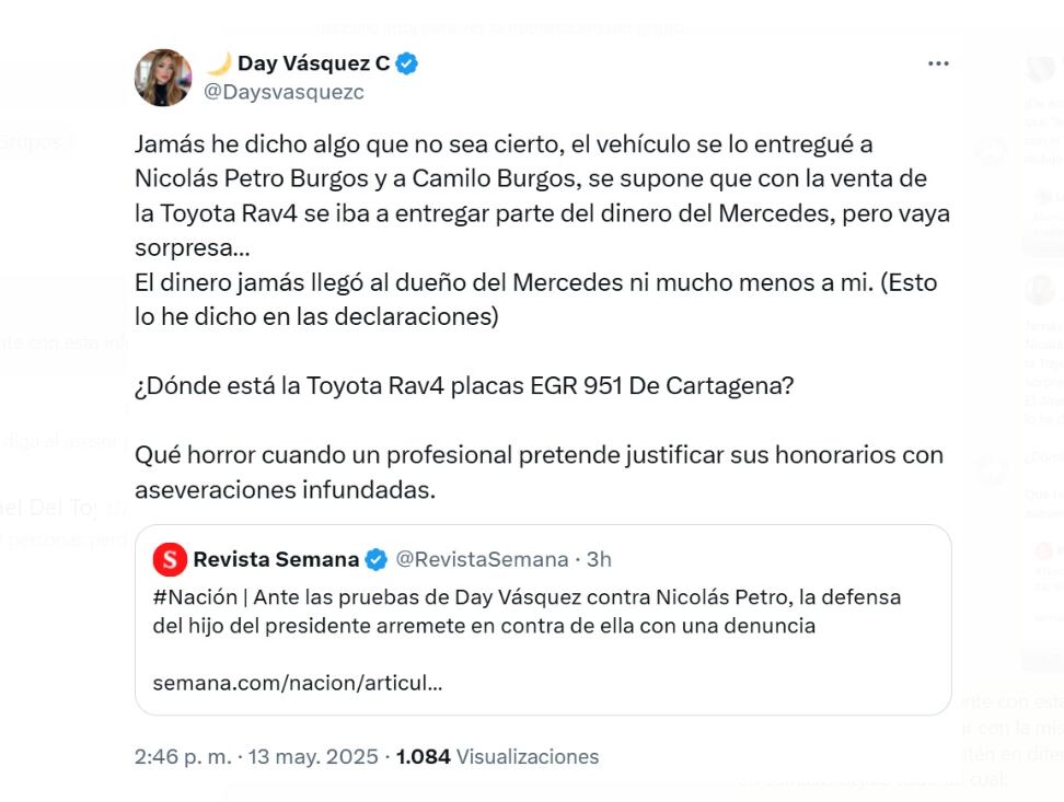 Day Vásquez insiste en que no ha mentido y que todo lo que ha declarado está respaldado por hechos y pruebas dentro del expediente - crédito @Dayvasquezc/X