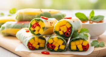 Primer plano de varios rollos de mango y chile, envueltos en papel de arroz, mostrando cubos de mango amarillo y rodajas de chile rojo, sobre una tabla de madera.