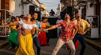 Grupo de personas bailando enérgicamente champeta en una calle adoquinada, con edificios coloniales y un DJ al fondo.