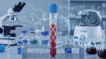 Tubo de ensayo con líquido rojo y hélice de ADN, con gráficos digitales y líneas de circuito. Microscopio, matraces y botellas en laboratorio