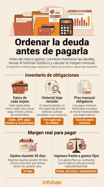 Infografía sobre finanzas personales con ilustraciones de carpetas, tarjetas de crédito, una calculadora, un calendario y una balanza.