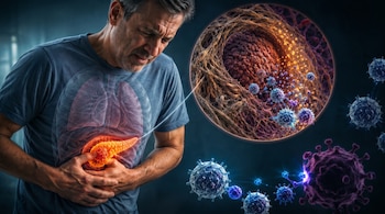 Un hombre con expresión de dolor sostiene su abdomen, con una ilustración de sus pulmones y páncreas inflamado, junto a una visión microscópica de células y virus.