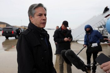 U.S. Secretary of State Antony Blinken speaks to members of the media, before departing for Brussels from Joint Base Andrews, in Maryland, U.S. April 5, 2022. REUTERS/Evelyn Hockstein/Pool