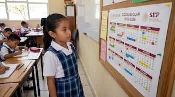 Niña de primaria mexicana con uniforme a cuadros azul y blanco mirando un calendario del ciclo escolar 2025-2026 en un tablón de corcho en un aula.