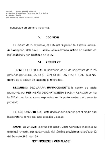 La Dian sostiene que Reficar debe pagar un IVA del 19%, mientras la empresa defiende la aplicación de una tarifa del 5% según la Ley 1955 de 2019 - crédito Tribunal Superior del Distrito Judicial de Cartagena