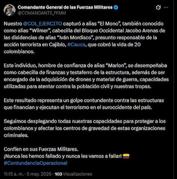 El comandante general de las Fuerzas Militares, general Hugo Alejandro López Barreto, destacó la captura de alias El Mono como un golpe a las estructuras financieras de las disidencias - crédito @COMANDANTE_FFMM/X